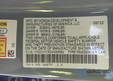 2022 Honda Accord Sport z USA, uszkodzony, nr VIN 1HGCV1F35NA069582